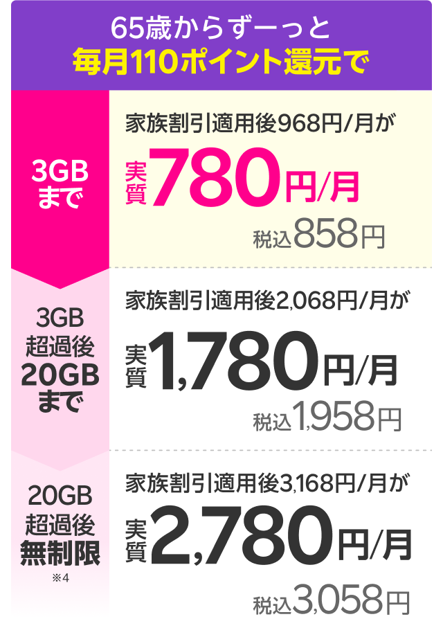 65歳からずーっと毎月110ポイント還元で3GBまで家族割引適用後968円／月が実質780円／月