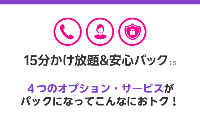 15分かけ放題&安心パック　４つのオプション・サービスがパックになってこんなにおトク！