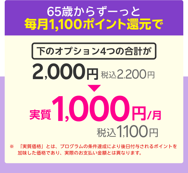 65歳からずーっと毎月1,100ポイント還元で下のオプション4つの合計が実質1,000円／月