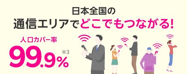 日本全国の通信エリアでどこでもつながる！人口カバー率99.9％