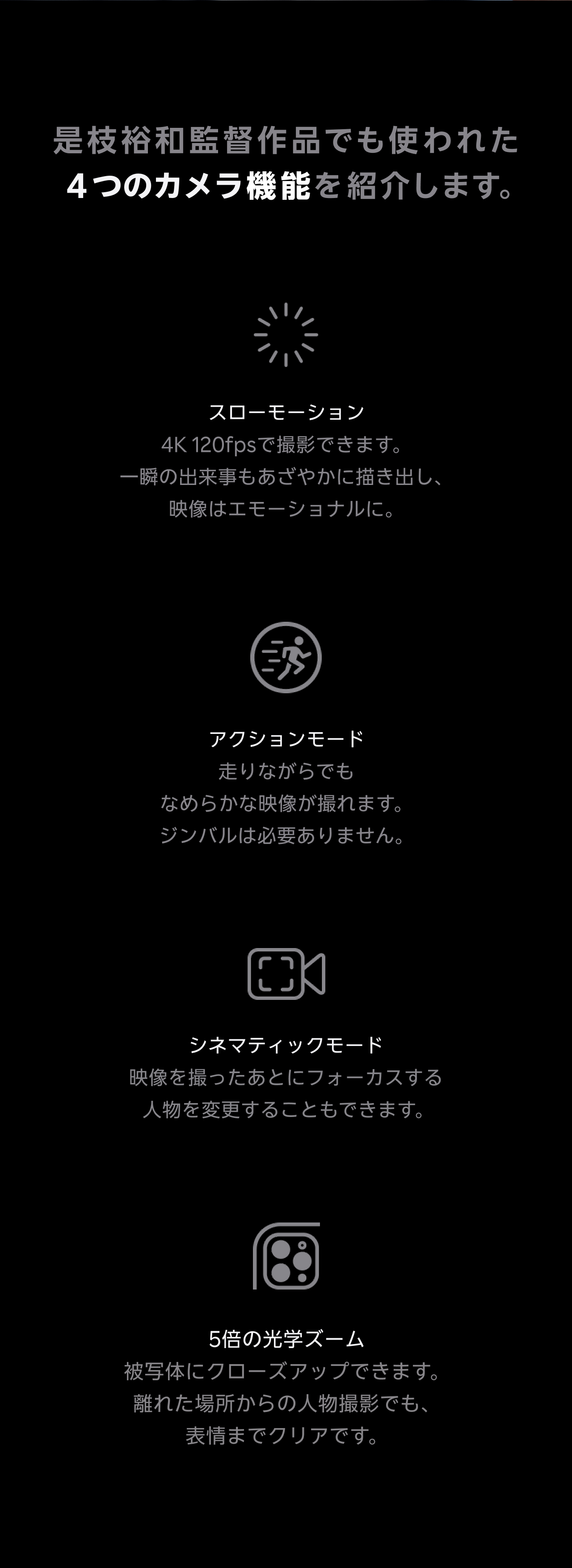 是枝裕和監督作品でも使われた４つのカメラ機能を紹介します。